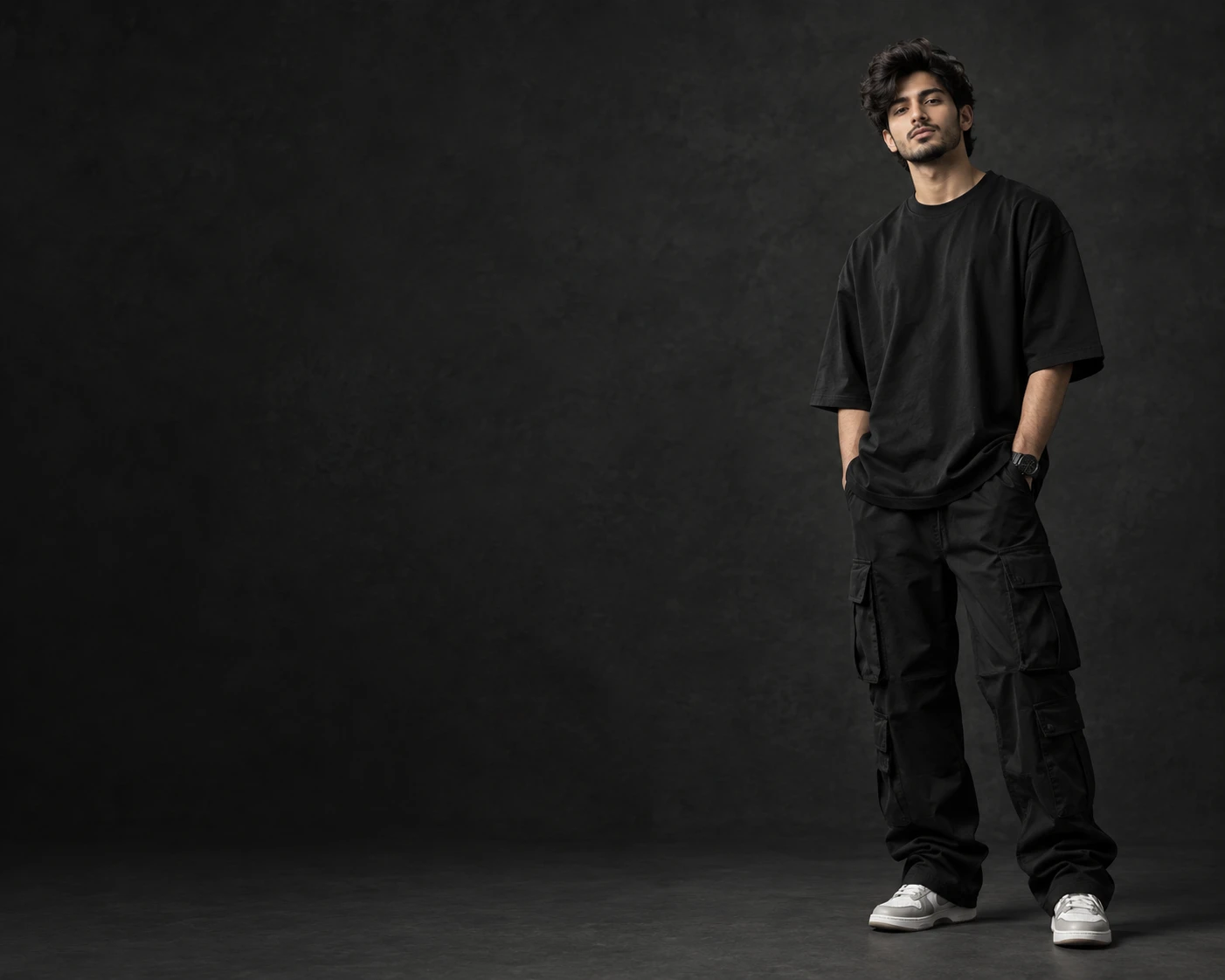 Man wearing black oversized tee and cargo pants – Haseen Wears Men