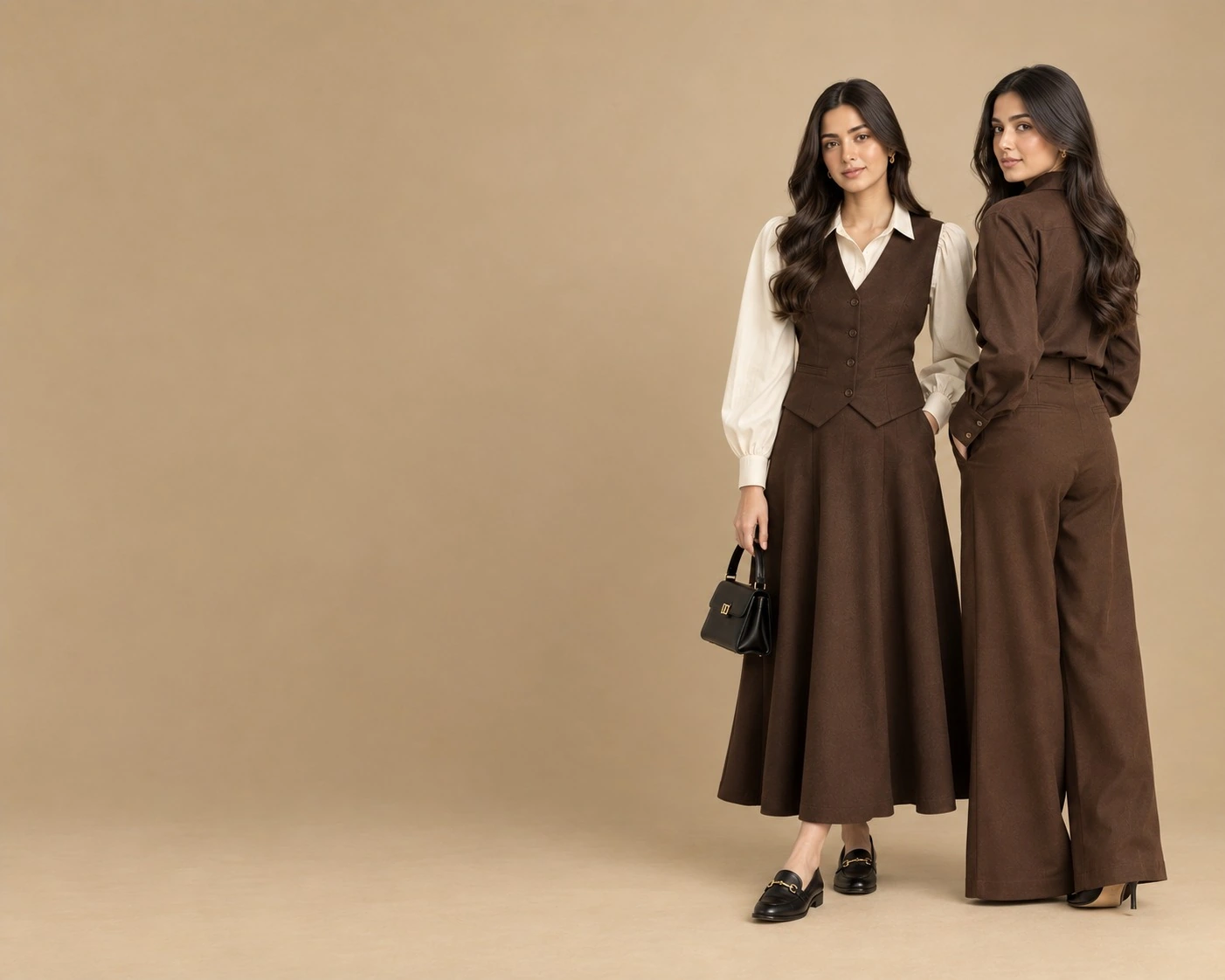 Two women in brown vest set and wide-leg trousers – Haseen Wears Old Money collection