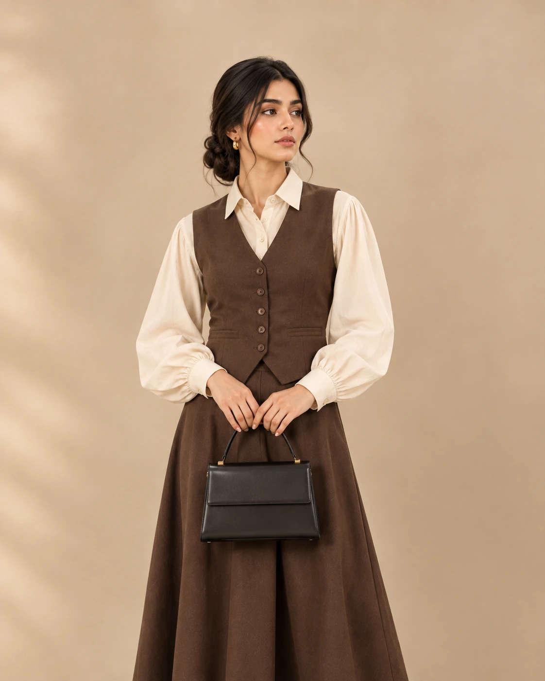 Woman in cream shirt, brown vest and midi skirt – Haseen Wears Old Money Pinterest Casual