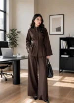 2 Piece Co Ord Set for women in chocolate brown winter cotton with wide leg trouser