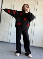 Black Bow Co Ord Set for women with red bows, winter fleece sweatshirt and trouser