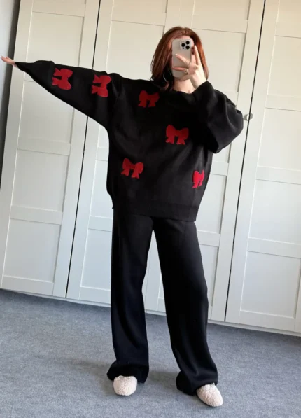 Bow Co Ord Set for Women – Stunning 2 Piece Winter Fleece Sweatshirt & Trouser