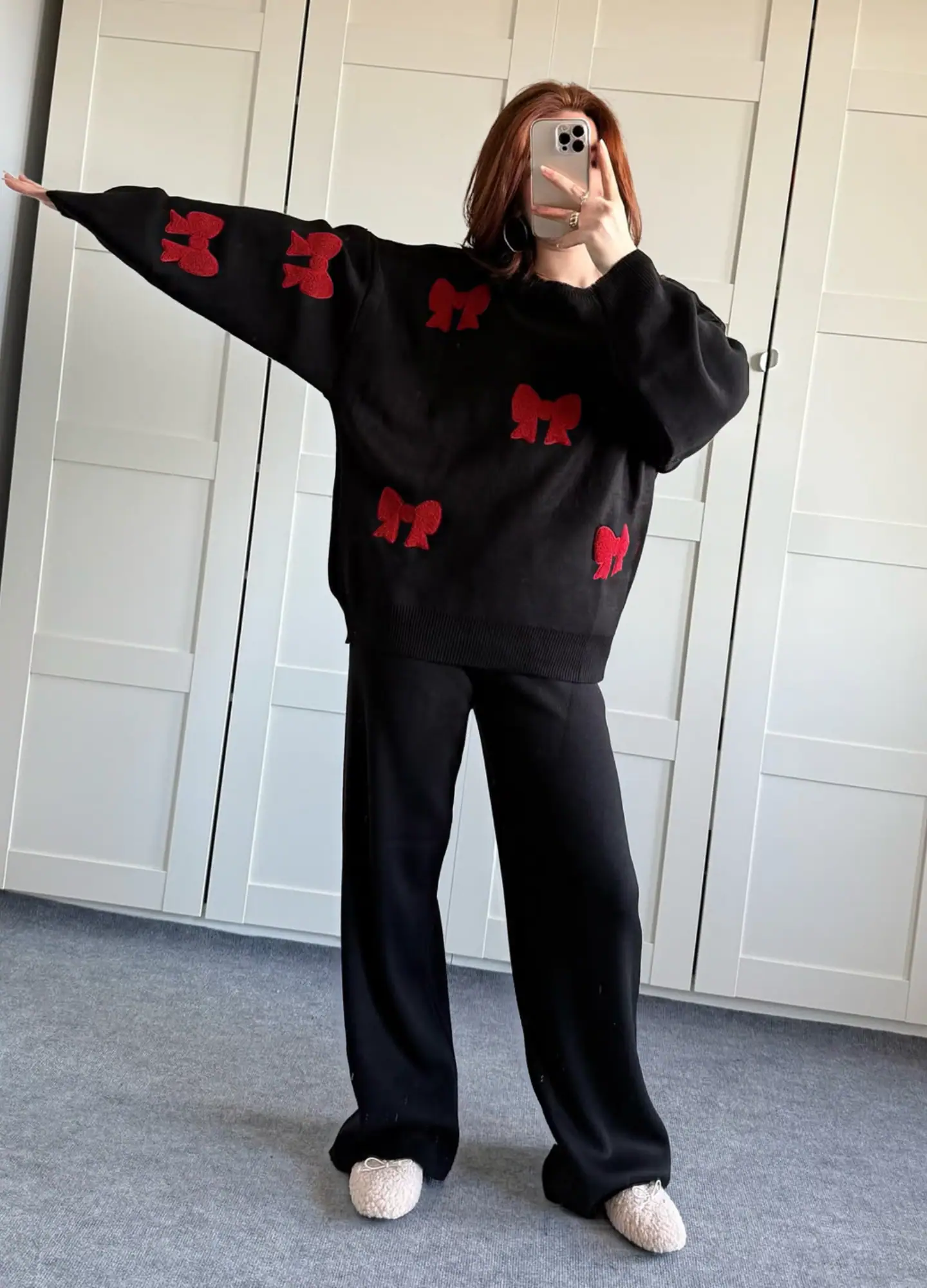 Bow Co Ord Set for Women Black Bow Co Ord Set for women with red bows, winter fleece sweatshirt and trouser