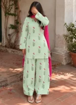 Mint green Farshi Shalwar Suit for women 3 piece lawn with pink dupatta