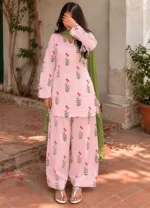 Baby pink Farshi Shalwar Suit for women with green chiffon dupatta