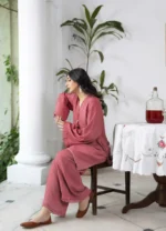 Georgette 2 Piece Suit for women in tea pink with lace shirt and flapper trouser