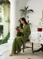 Olive green Georgette 2 Piece Suit for women with lace and tassel detailing