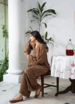 Brown Georgette 2 Piece Suit for women with lace sleeves and flapper trouser