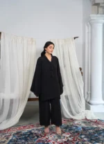 Black Georgette 2 Piece Suit for women with tassel neckline and lace hem